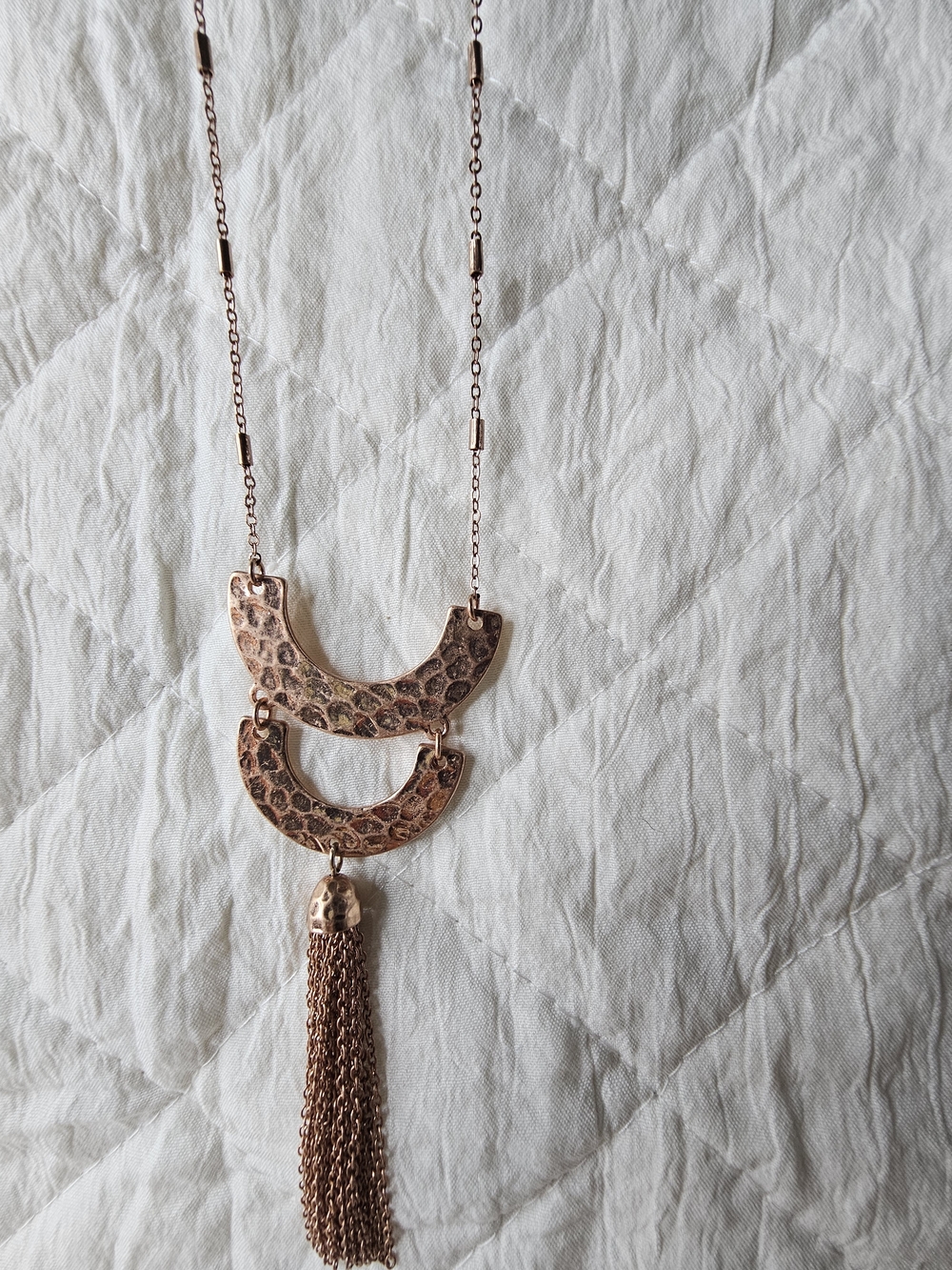 Simply Noelle Hammered Bronze Crescent Pendant Tassel Necklace